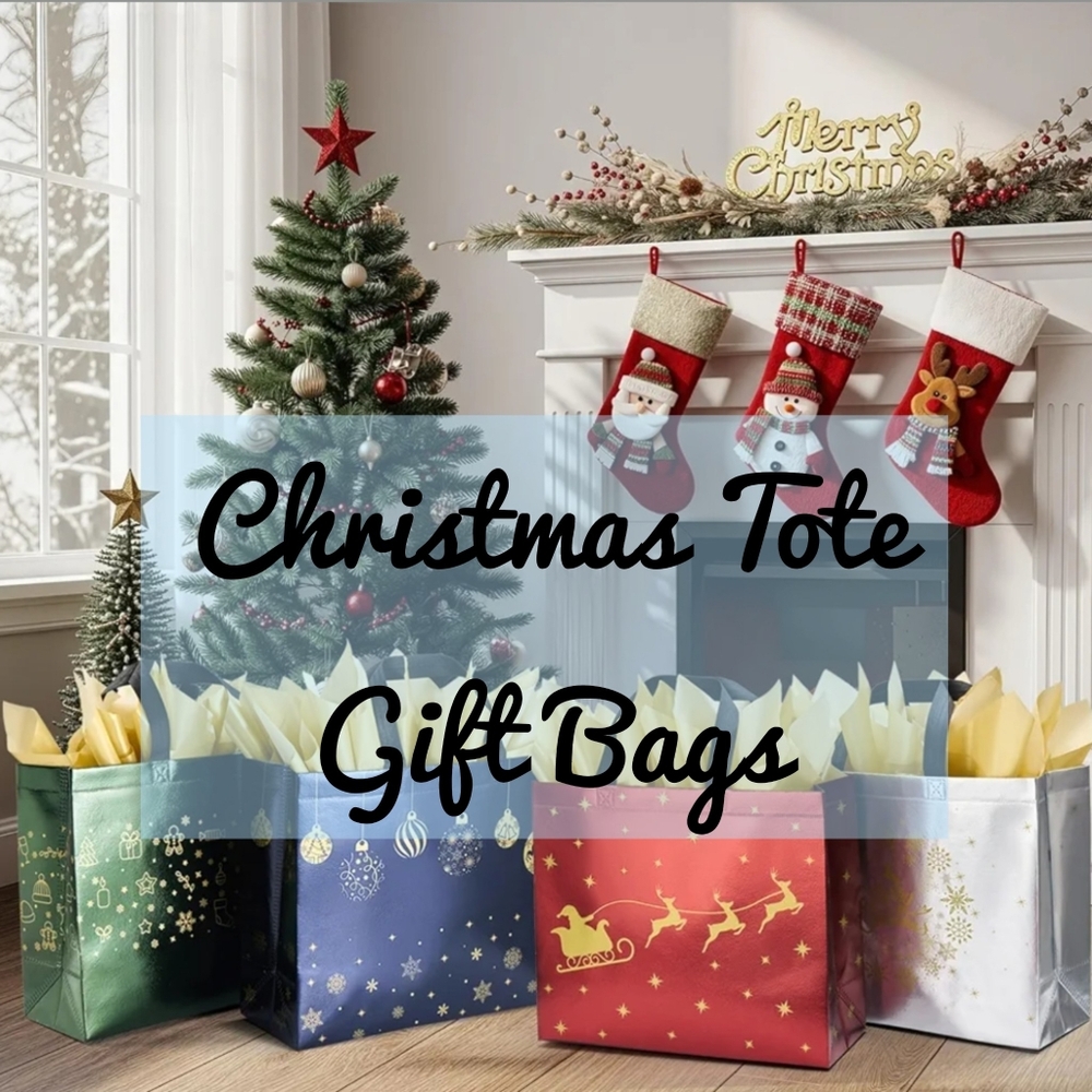 Christmas Tote Gift Bags Reusable with Tissue Paper Wrapping Supplies 13X11X5